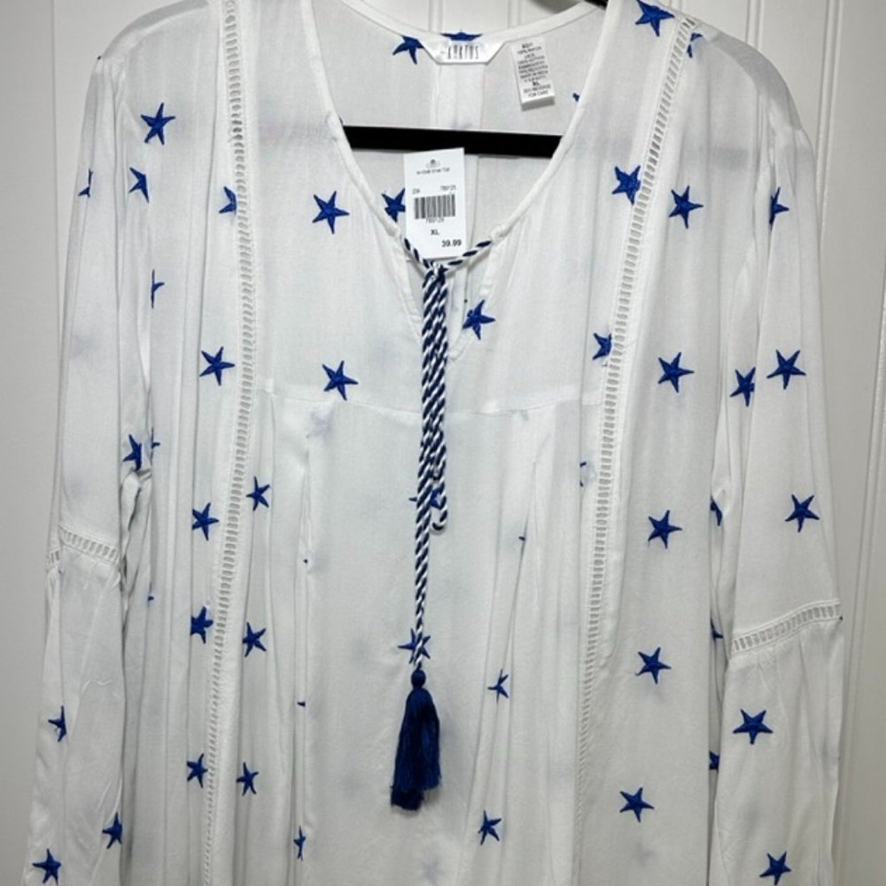 Kartus NWT Nautical White Blouse Blue Embroidered Stars Long Sleeve Sz XL